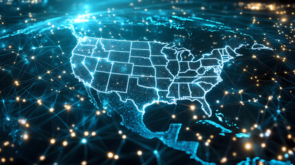 Digital map of USA, concept of North America global network and connectivity, data transfer and cyber technology, information exchange and telecommunication Generative AI