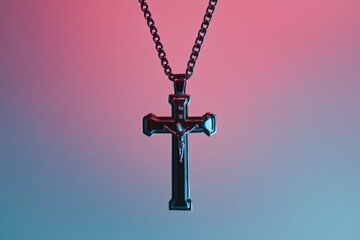 A striking black cross pendant hangs on a stylish chain. The modern design captures attention. It symbolizes faith and style. Perfect for fashion lovers. Generative AI