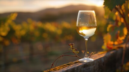 Fototapeta premium Sunset Reflection in Wine Glass Amidst Vineyard