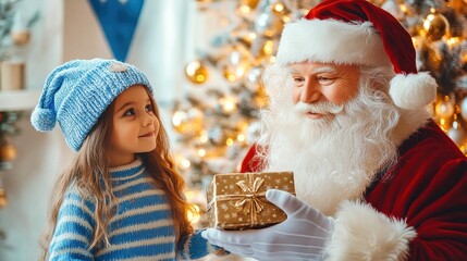 Santa claus giving christmas present to little girl near christmas tree