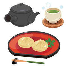 お盆に盛られた栗きんとんとお茶セット