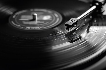 Close-up of a record player needle on a spinning vinyl record.