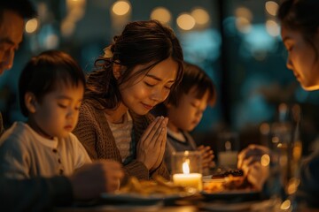 Family gathering around a candlelit dinner, joyful moment.