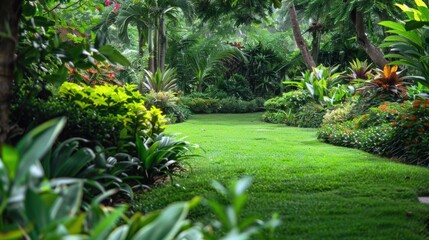 Lush Green Garden Pathway Surrounded by Blooms