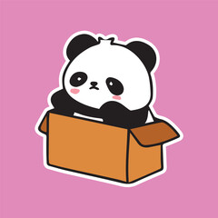 cute baby panda siting in a box funny cartoon sticker vector on pastel background for kids adorable animal fat black and white vector high quality for prints