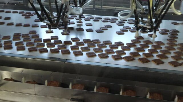 work on the production of cookies on the conveyor of a confectionery factory