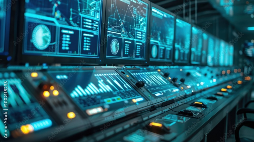 Poster high-tech control room with data visualization screens