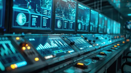 Fototapeta premium High-Tech Control Room with Data Visualization Screens