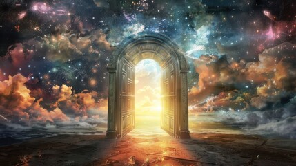 Fototapeta premium Open wooden door leading to a celestial sky filled with stars and clouds. Fantasy and dream concept for poster and wallpaper design.