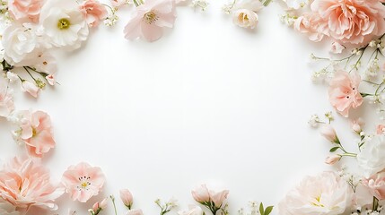 White frame background, small floral garland around the edges of a white square in the middle of the picture, with pink and cream colors