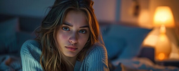 Fototapeta premium Thoughtful woman in cozy bedroom, soft lighting ambiance.