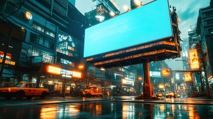 Large blank billboard displaying on wet city street at night with cyberpunk style architecture