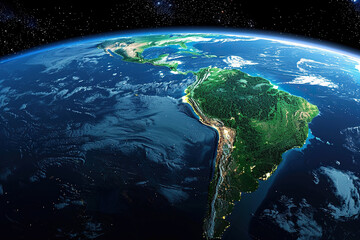 South America as seen from space with sunrise on planet Earth and stars. The continent's massive forest cover and the lights of big cities. Generated by artificial intelligence