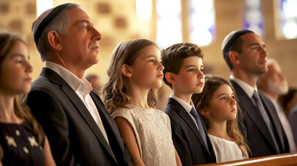 Obraz premium Jewish Family observing tradition in sunlit synagogue interior