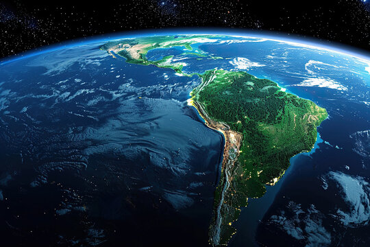 South America as seen from space with sunrise on planet Earth and stars. The continent's massive forest cover and the lights of big cities. Generated by artificial intelligence