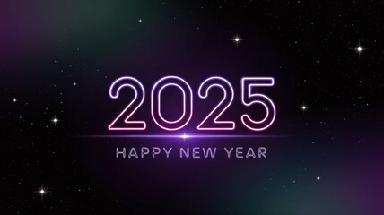 A neon 2025 Happy New Year greeting against a black background with stars.