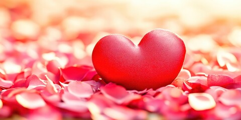 Red heart symbol laying on rose petals for valentine's day