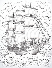 A coloring book page featuring an ancient sailing ship with billowing sails, navigating through stormy seas. 