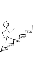 Stickman walking on stairs from year 2024 to 2028 isolated. Ambitious positive walk towards successful career.