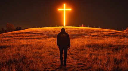 Man walking towards large glowing cross on hilltop