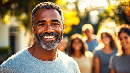 Fototapeta premium Handsome smiling man with grey hair and beard walking in the city