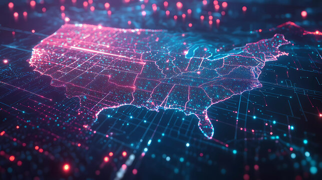 Digital map of USA, concept of North America global network and connectivity, data transfer and cyber technology, information exchange and telecommunication Generative AI