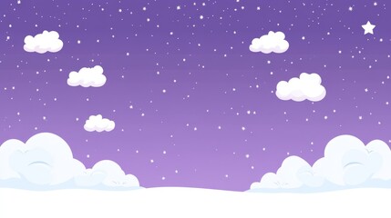 Fototapeta premium A whimsical winter night sky with sparkling stars and fluffy clouds over a snowy landscape at twilight