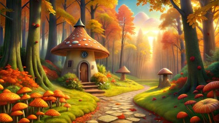 Fototapeta premium Enchanting mushroom house in a magical autumn forest surrounded by colorful mushrooms