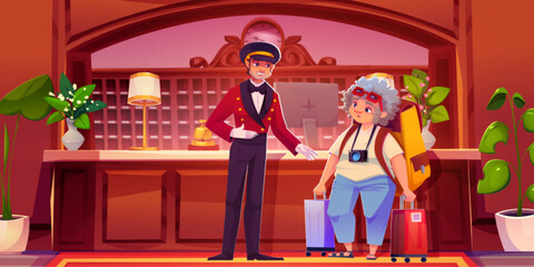 Hotel lobby and tourist with luggage on reception. Welcome hall room with desk, bellboy and elderly woman. Travel character with camera and backpack in vacation journey. Concierge near vintage counter
