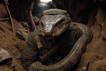 Fototapeta premium A Soldier With a Snake Head in a Trench
