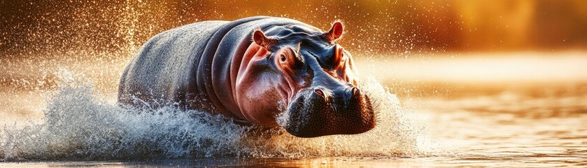 Massive warm-blooded hippo making a huge splash as it dives into a lake, powerful and energetic movement, water bursting in all directions, ultra-realistic details