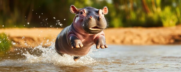 Rare baby hippo leaping energetically through a shallow river, water splashing all around, joyful and fun expression, highly detailed and vibrant scene