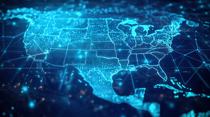 Digital map of USA, concept of North America global network and connectivity, data transfer and cyber technology, information exchange and telecommunication Generative AI