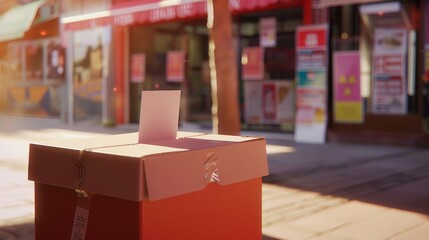 Close-up of a voting ballot box surrounded by election posters and campaign signs, representing the democratic process and commitment to the future.
