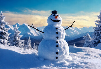 Obraz premium Funny snowman in winter mountain scenery. Merry christmas and happy new year.