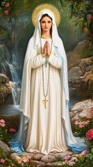 Our lady of lourdes praying in front of waterfall religious illustration