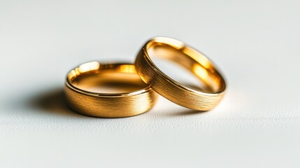 Two golden wedding rings resting on a white surface