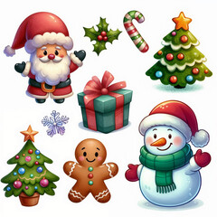Set of cute cartoon christmas elements on white background. AI