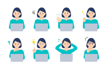 パソコンを見ながらいろいろな表情･ポーズをする若い女性のセット【人物ベクターイラスト素材】