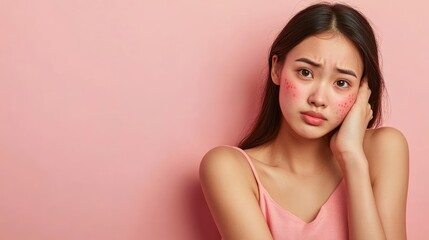 Obraz premium Young woman with red spots on her face, looking sad.