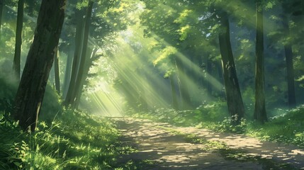 Obraz premium nice anime background of the sunbeam in the wood with green tree