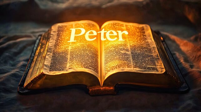 Open bible glowing with golden light and the name peter