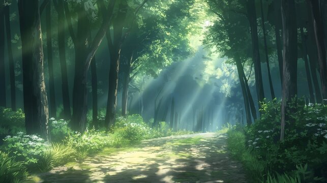 nice anime background of the sunbeam on the road