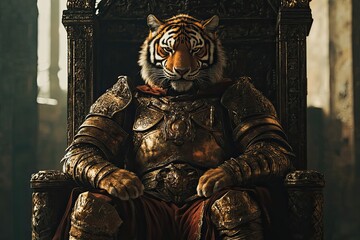 A Tiger in Golden Armor Sitting on a Throne
