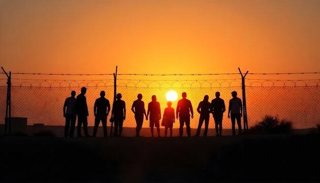 Refugee migrants behind a barbed wire border at sunset