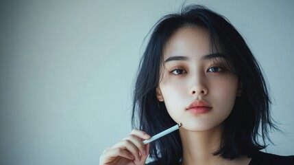 Young woman with black hair holding a broken cigarette looking away.
