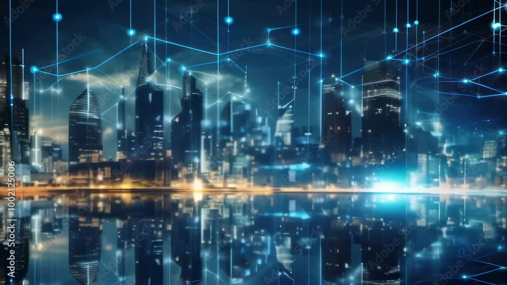 Poster glowing network of nodes above a city at night symbolizes digital connection and innovation, blendin