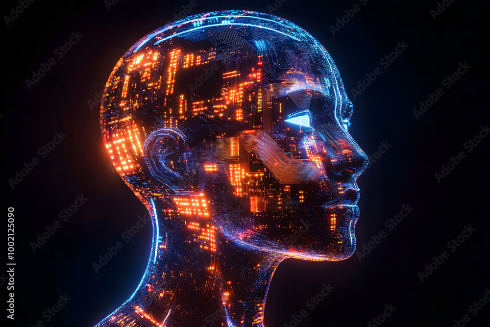 Poster profile of a glowing digital humanoid head with intricate circuit patterns, symbolizing the synergy 