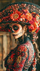 Fototapeta premium Woman wearing traditional day of the dead costume posing with flowers
