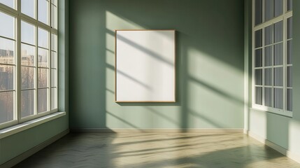 Obraz premium Mock up frame in a modern, empty room with muted green walls and no decorations, fine details in the wall paint and floor texture, 3D render 